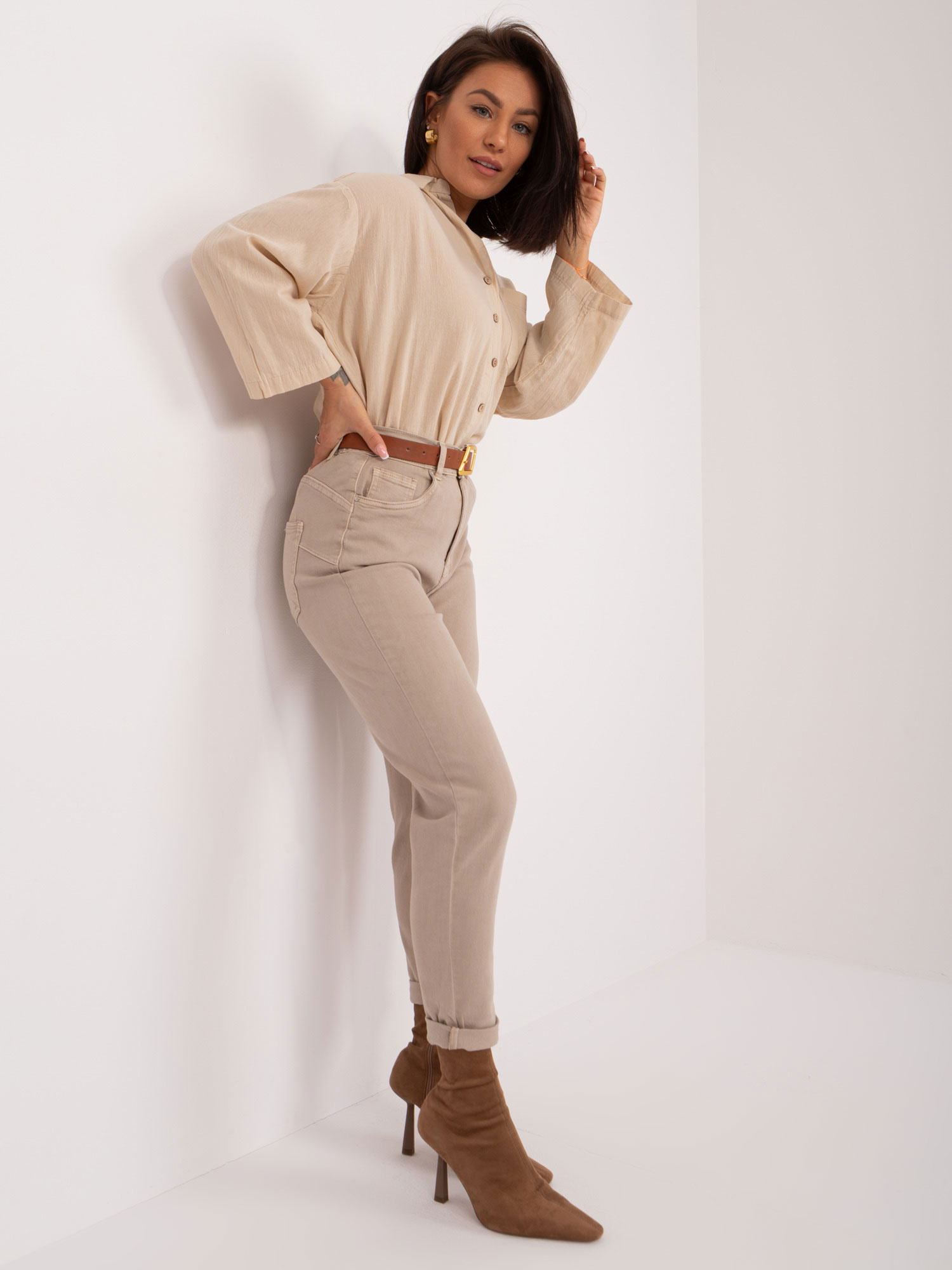 Spodnie jeans Ciemny bezowy - obrazek 3